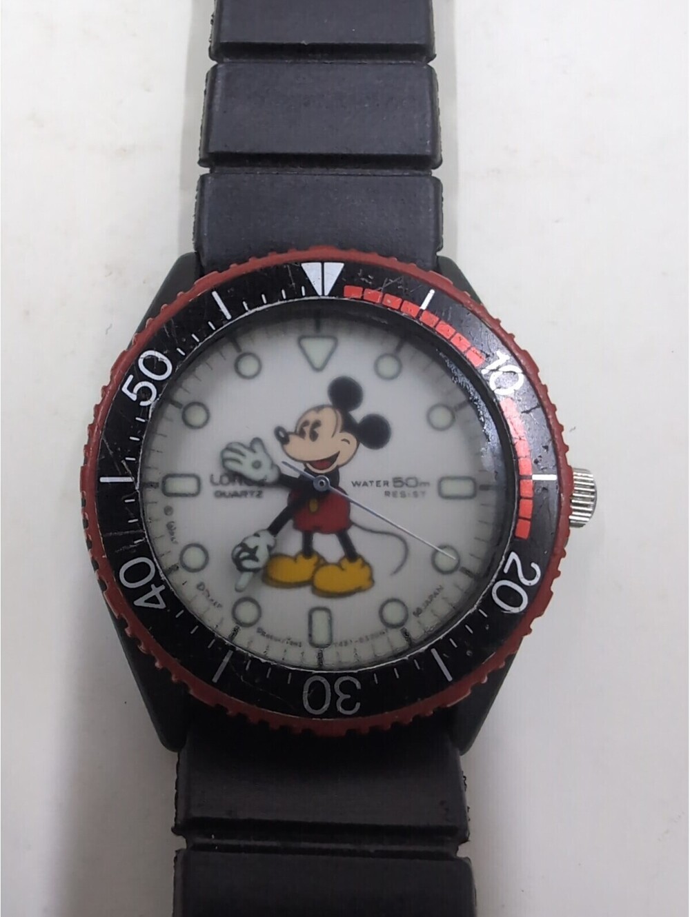 Mickey Mouse Vintage Watch Hands Lorus Y481-1210 Seiko Rubber Band Red Bezel